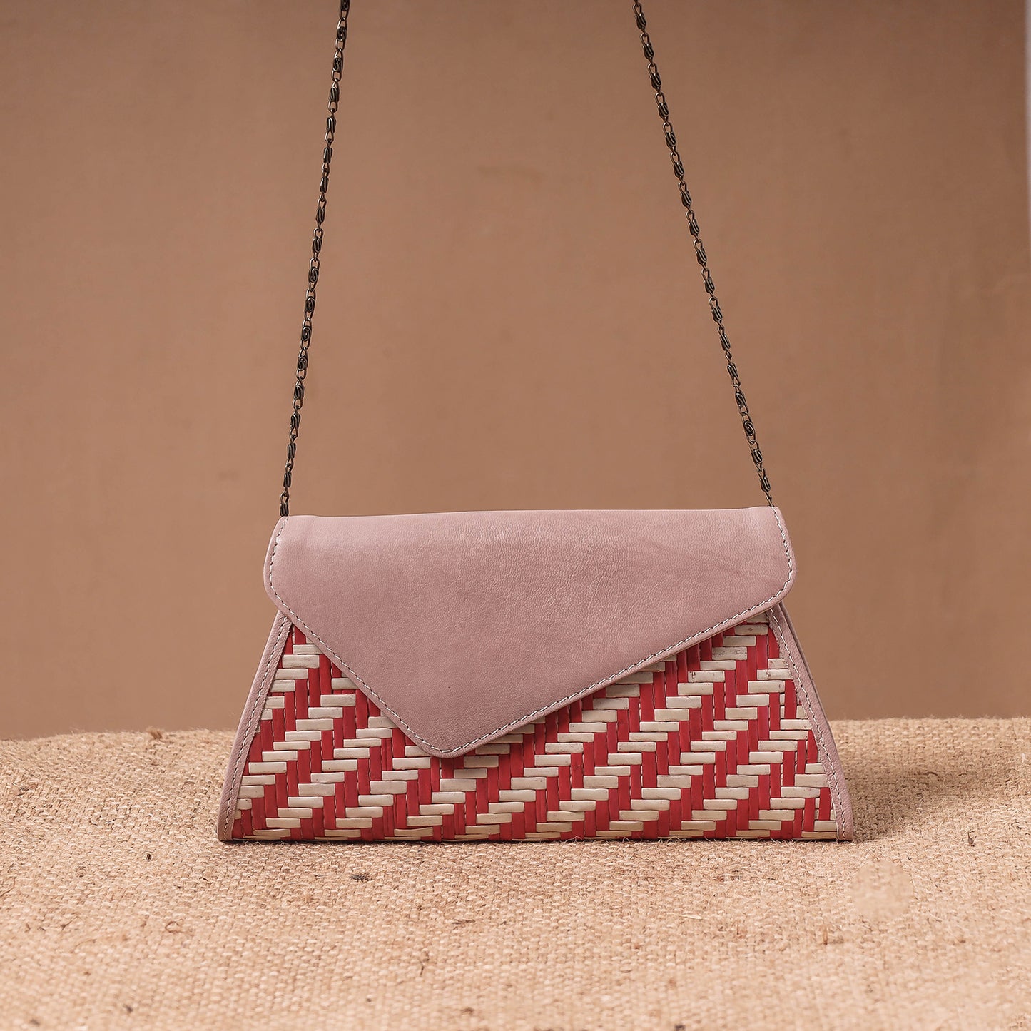 Pink - Sitalpati शीतल पाटी Grass Handwoven Sling Bag with Leather Flap