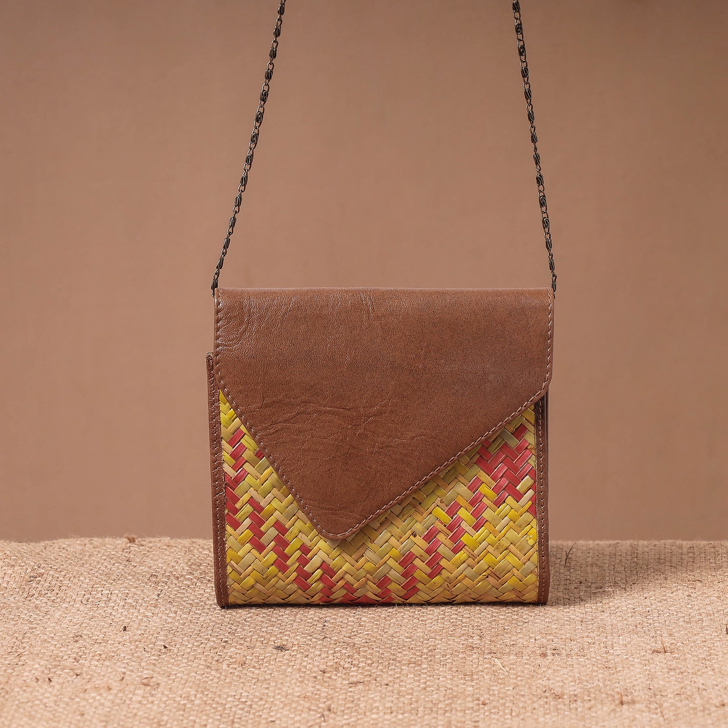 Brown - Sitalpati शीतल पाटी Grass Handwoven Sling Bag with Leather Flap