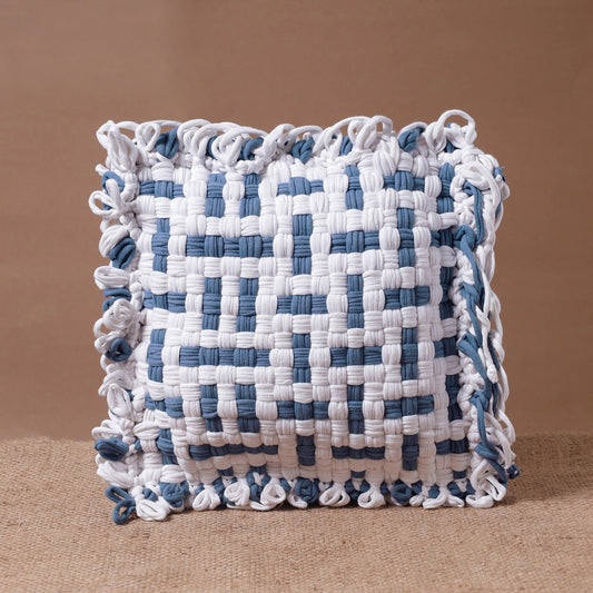 White - Handwoven Upcycled Cotton Cushion Cover (12 x 12 in)