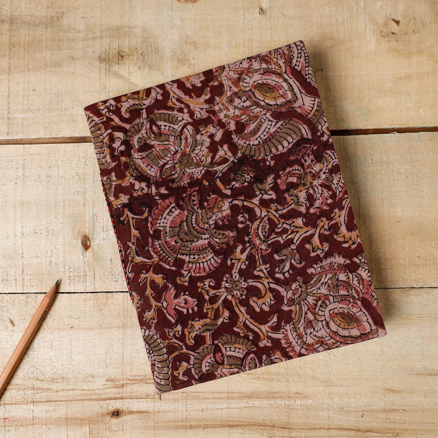 Red - Kalamkari Fabric Cover Handmade Paper Notebook (9 x 7 in)