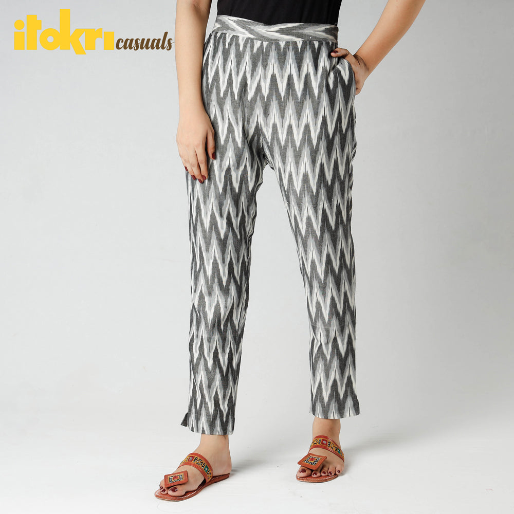 Light Grey Ikat Cotton Tapered Casual Pant for Women