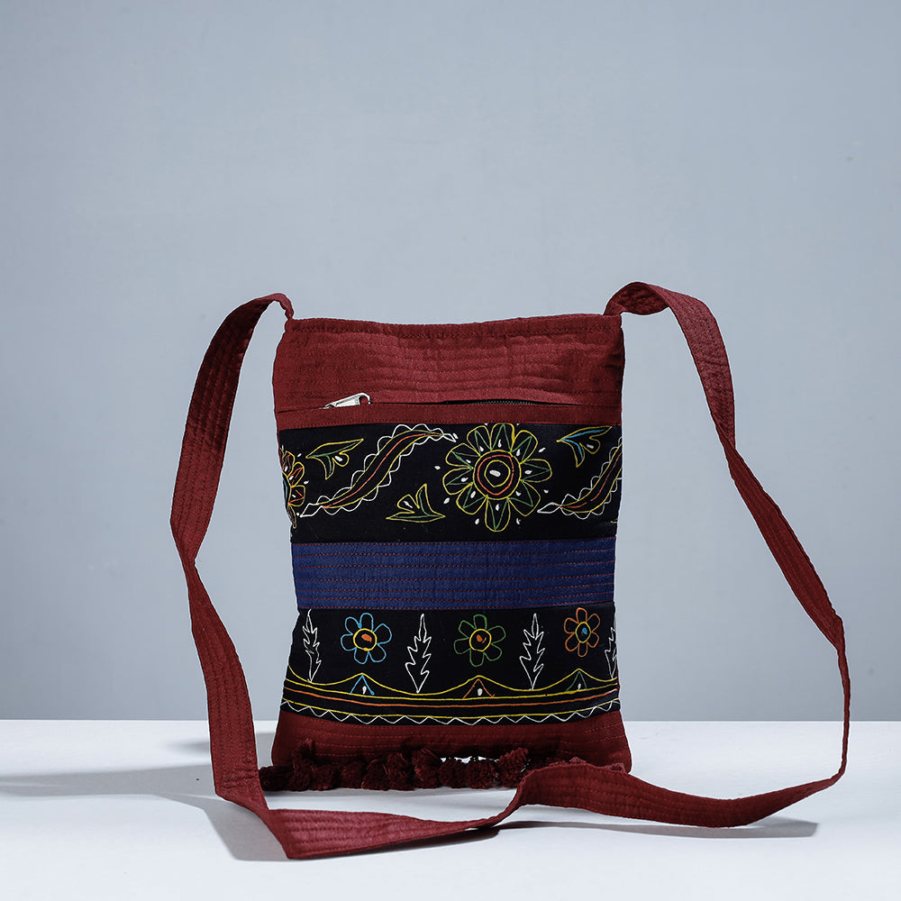 Brown - Traditional Rogan Hand Painted Slik Bead Work Sling Bag with Tassles