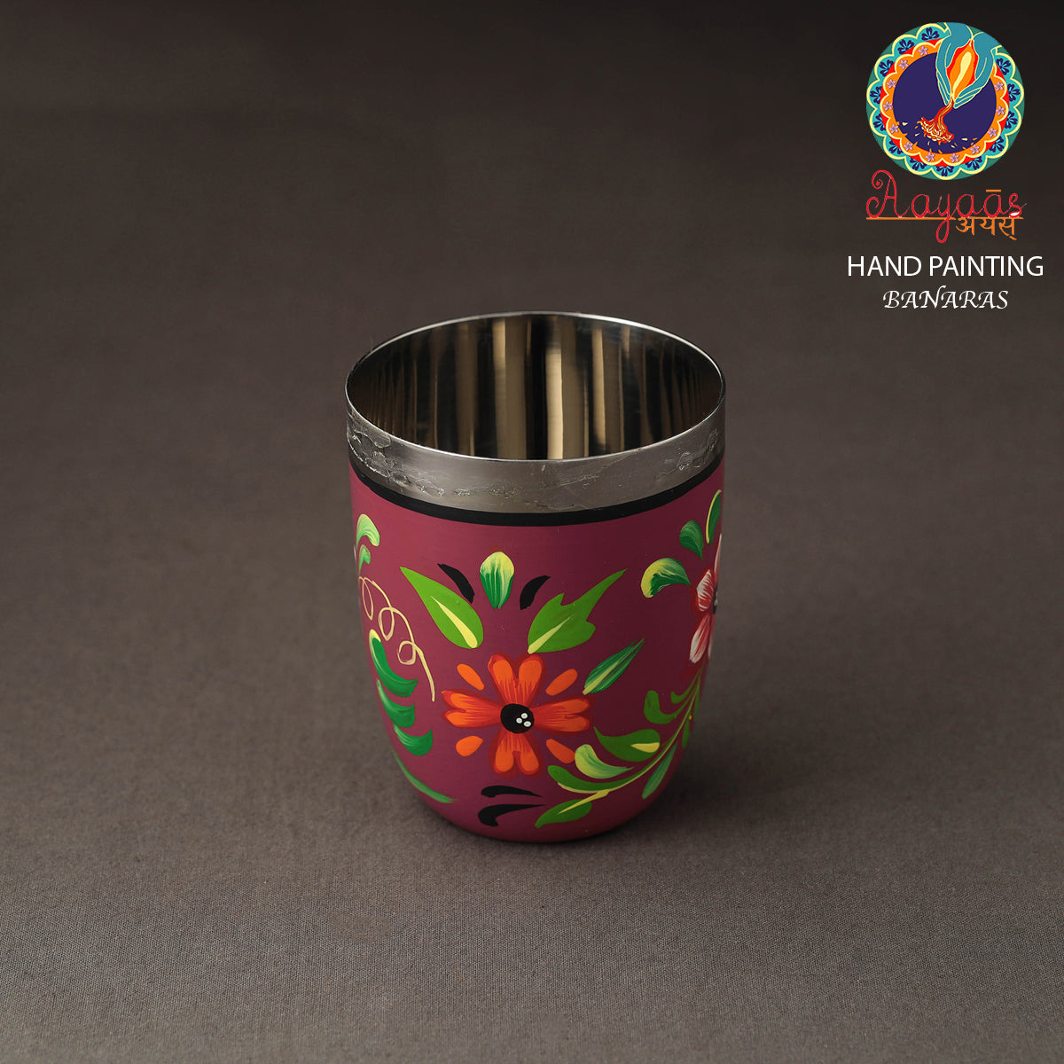 Banaras Pink Handpainted Stainless Steel Glass