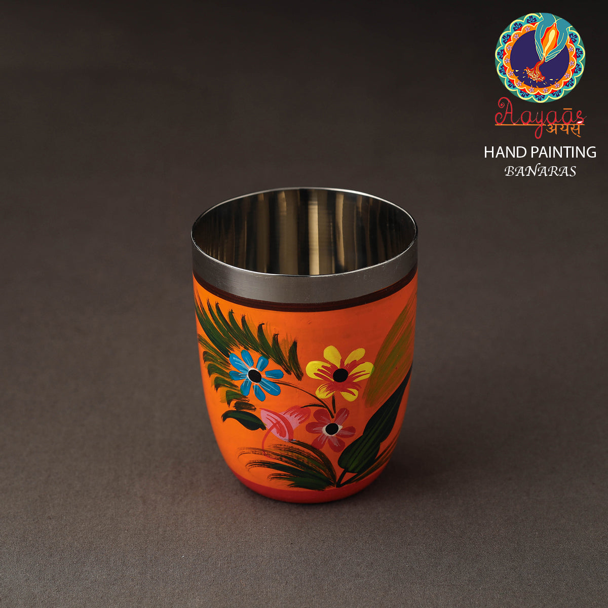 Banaras Orange Handpainted Stainless Steel Glass
