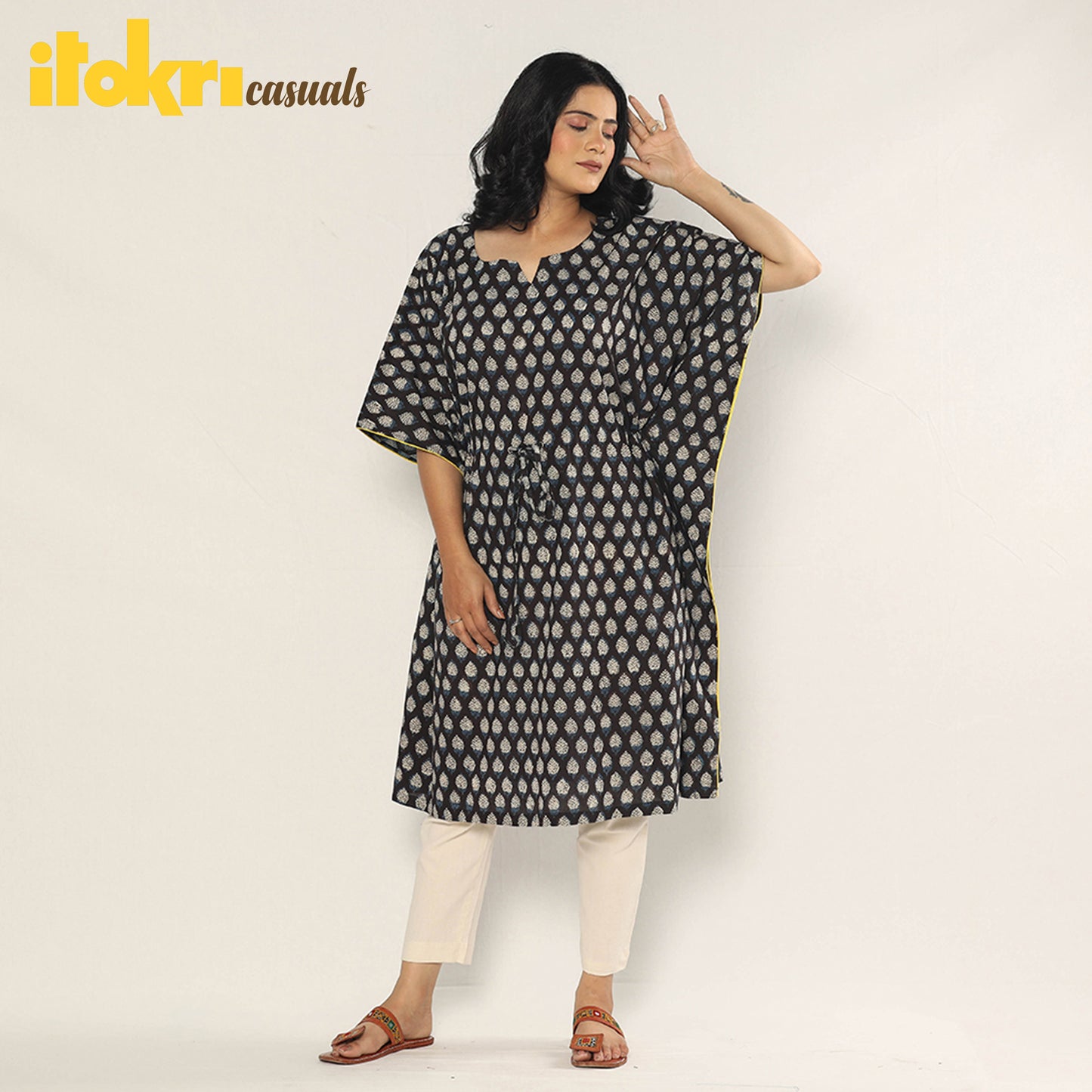 Black - Bagru Dabu Block Printing Cotton Kaftan Dress (Medium)