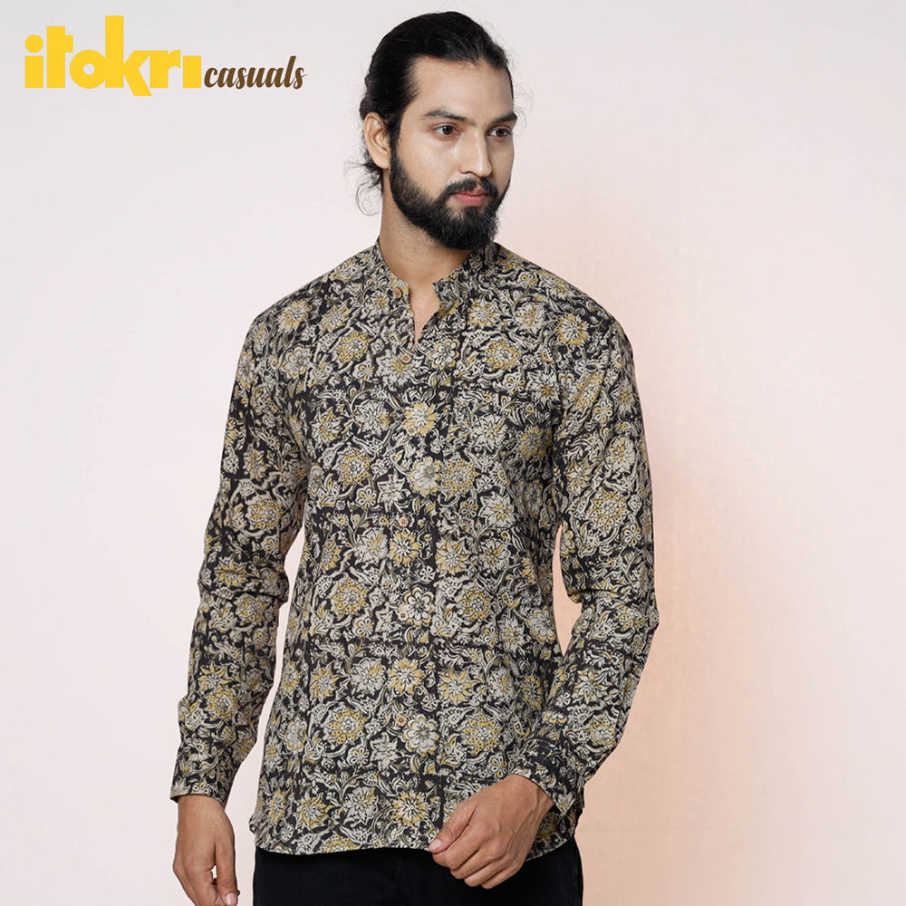 Black - Kalamkari Block Printed Cotton Men Half Sleeve Shirt