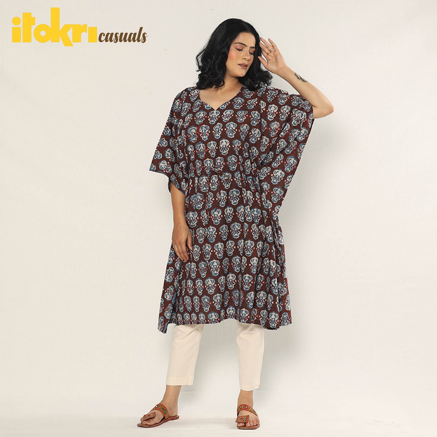 Maroon - Bagru Dabu Hand Block Print Cotton Kaftan Dress (Medium)