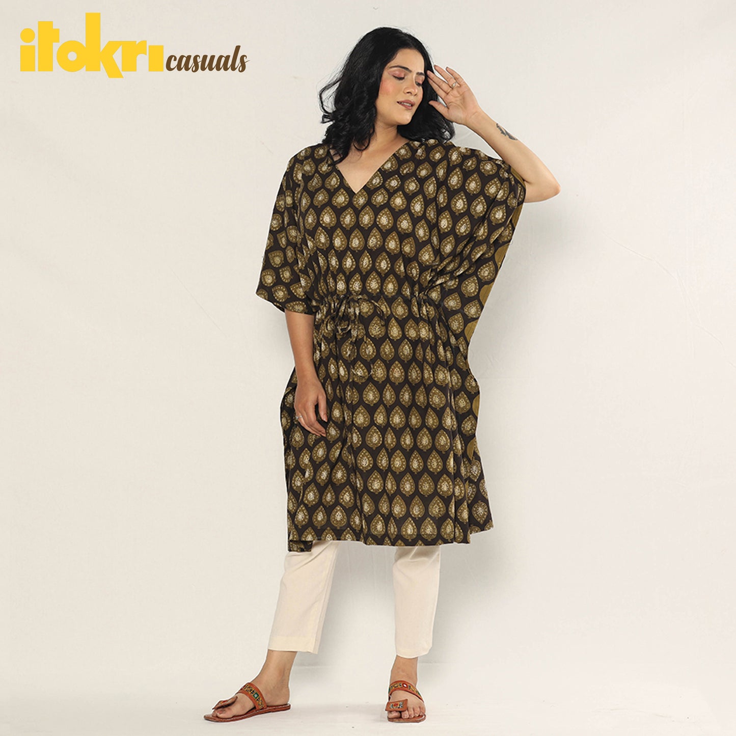Brown - Bagru Dabu Hand Block Print Cotton Kaftan Dress (Medium)