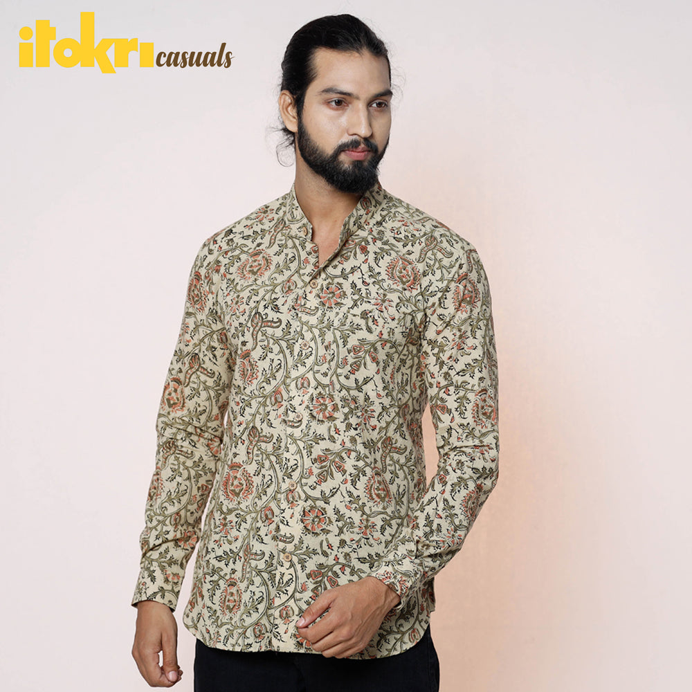 Green - Kalamkari Block Printed Cotton Men Full Sleeve Shirt