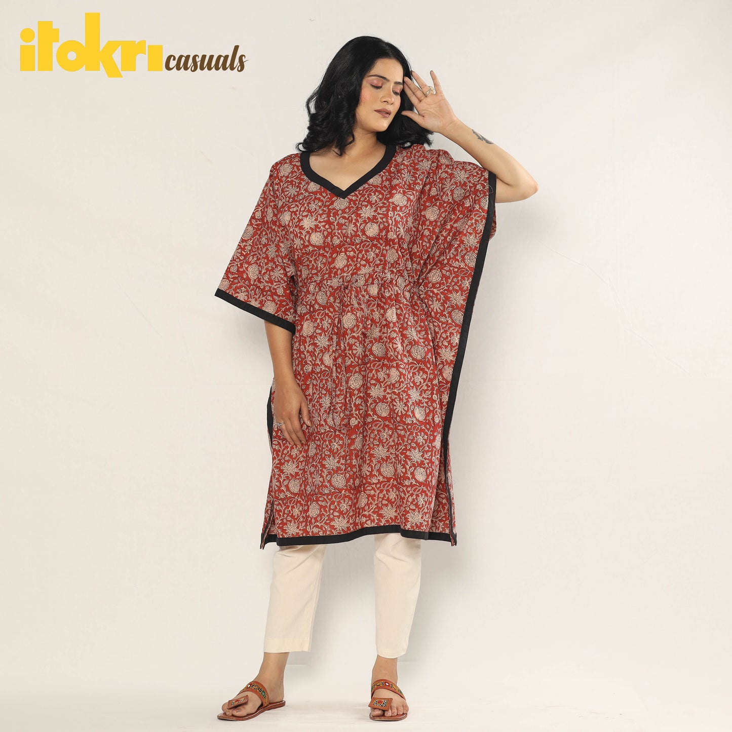 Red - Bagru Dabu Hand Block Print Cotton Kaftan Dress (Medium)