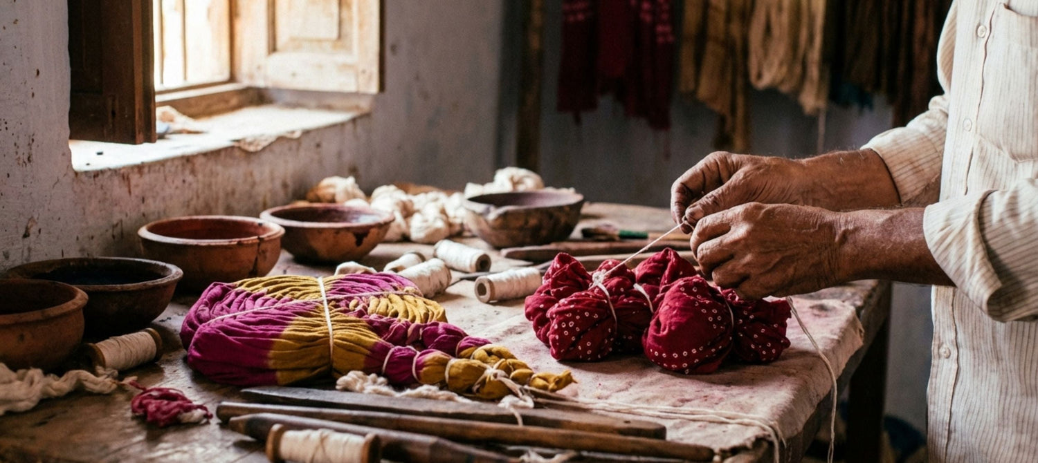 Bandhani and Bandhej fabric side by side showing the difference in tie-dye patterns and textures
