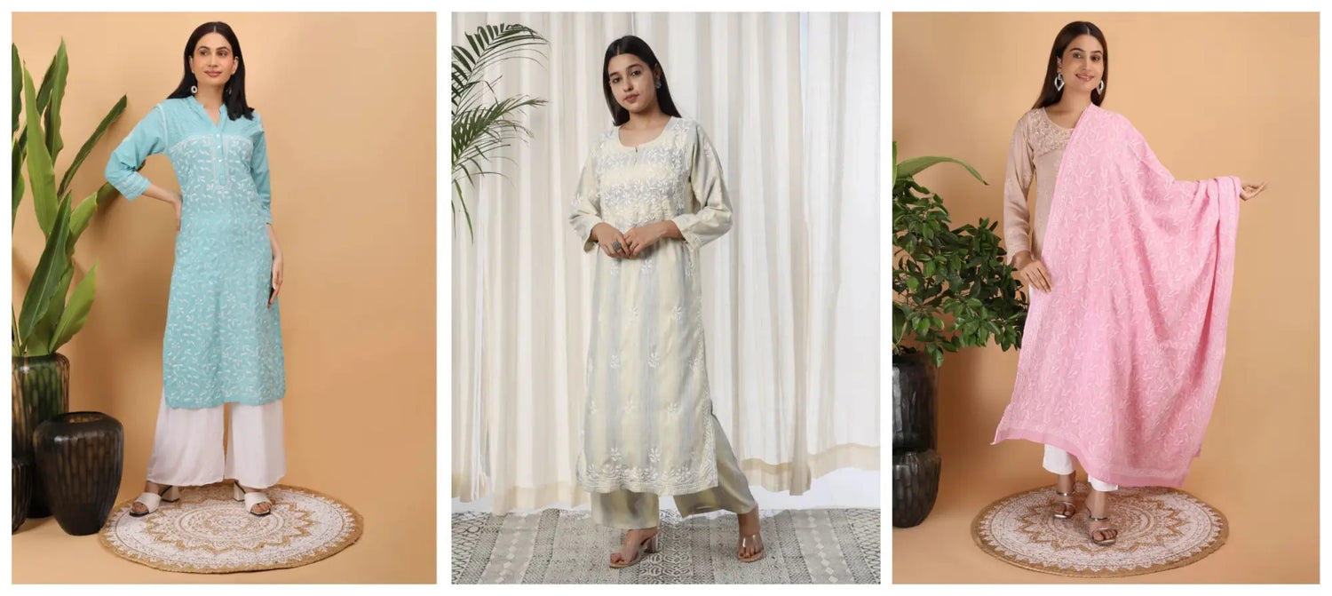 Chikankari embroided- Kurtas,dupattas,Suitsets and more
