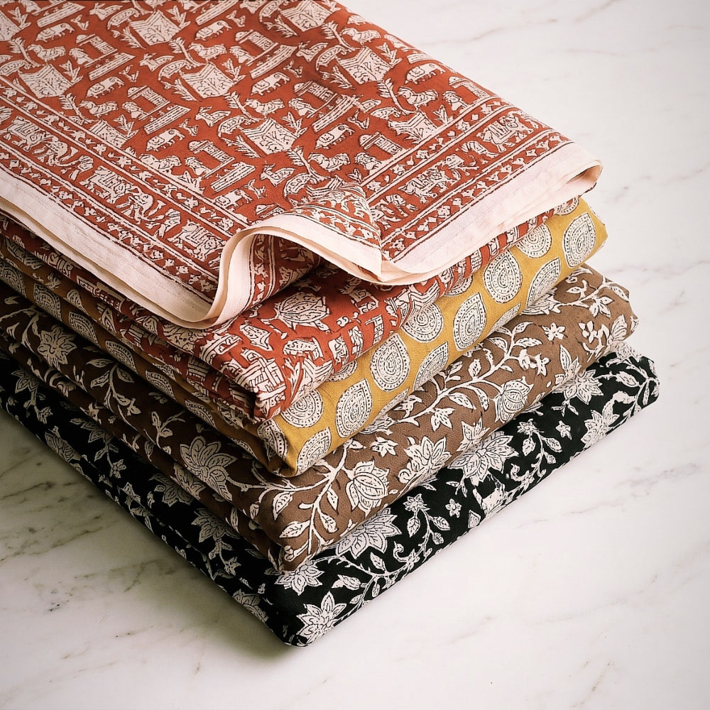 itokri Bagru block printed Fabrics. Bagru dabu block printed cotton fabric, made using natural dyes through traditional mud resist process by using hand carved wooden block practiced in Bagru, Rajasthan.
