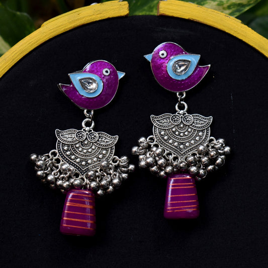 Bindurekha Purple Birdie German Silver Earrings
