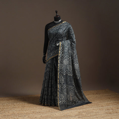 Grey - Chanderi Silk Hand Block Print Bagru Saree with Zari Border 16