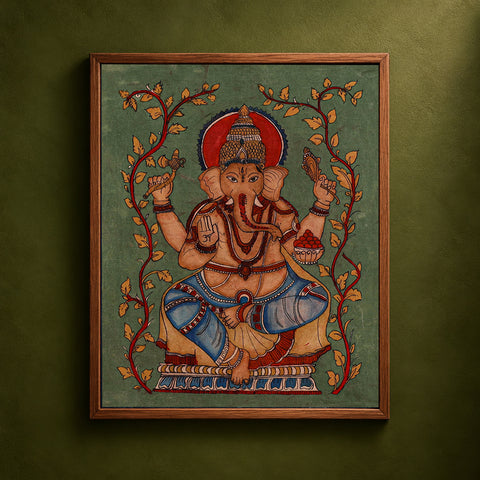 Srikalahasti Kalamkari Art Wall Hanging with Lord Ganesha Motif by Ghanshyam Sarode (35 x 34 in) 12