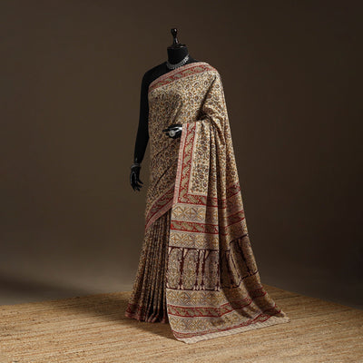 Beige - natural dyed pedana cotton kalamkari saree 30