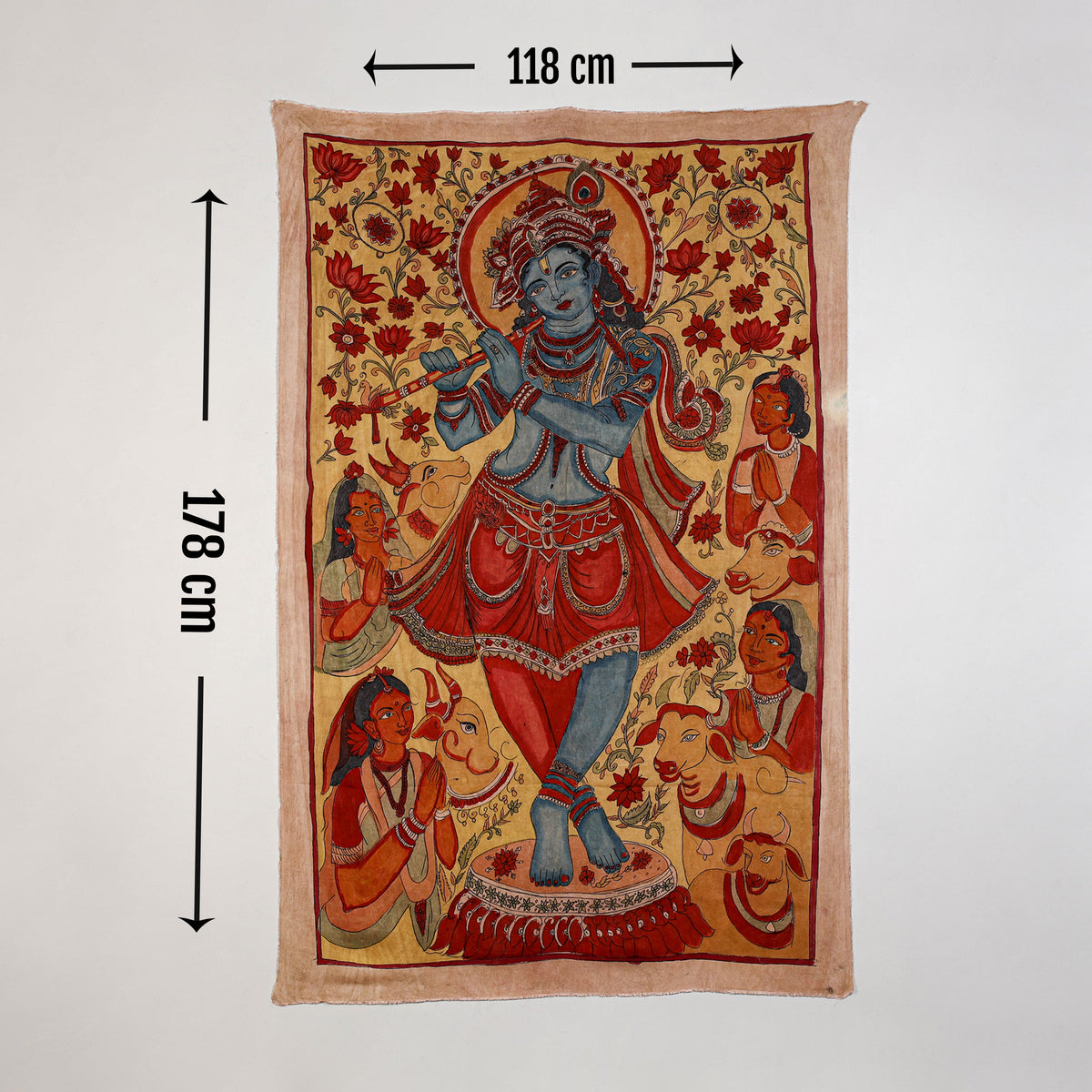 Srikalahasti kalamkari art wall hanging with lord krishna motif by ghanshyam sarode (70 x 46 in)