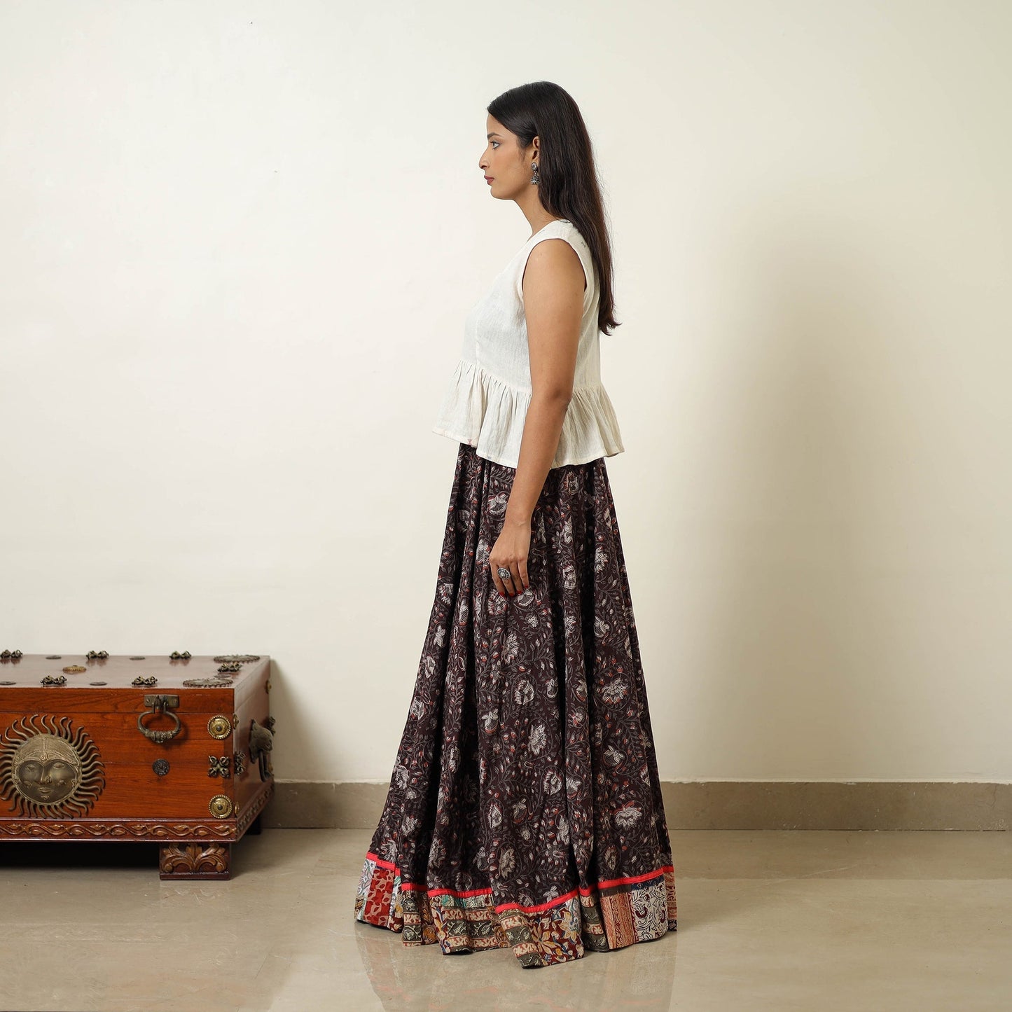 Brown - hand printed cotton long bagru skirt 07