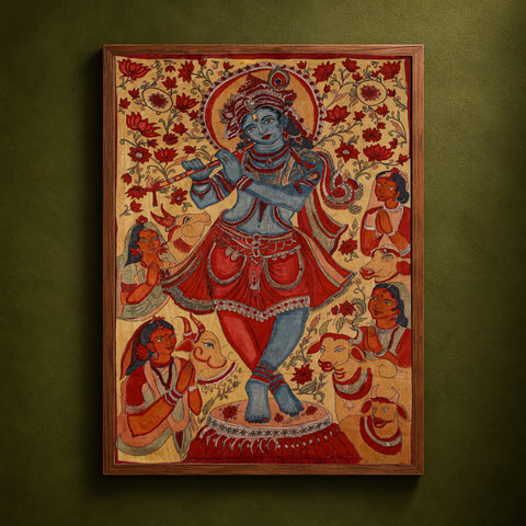Srikalahasti Kalamkari Art Wall Hanging with Lord Krishna Motif by Ghanshyam Sarode (70 x 46 in) 04