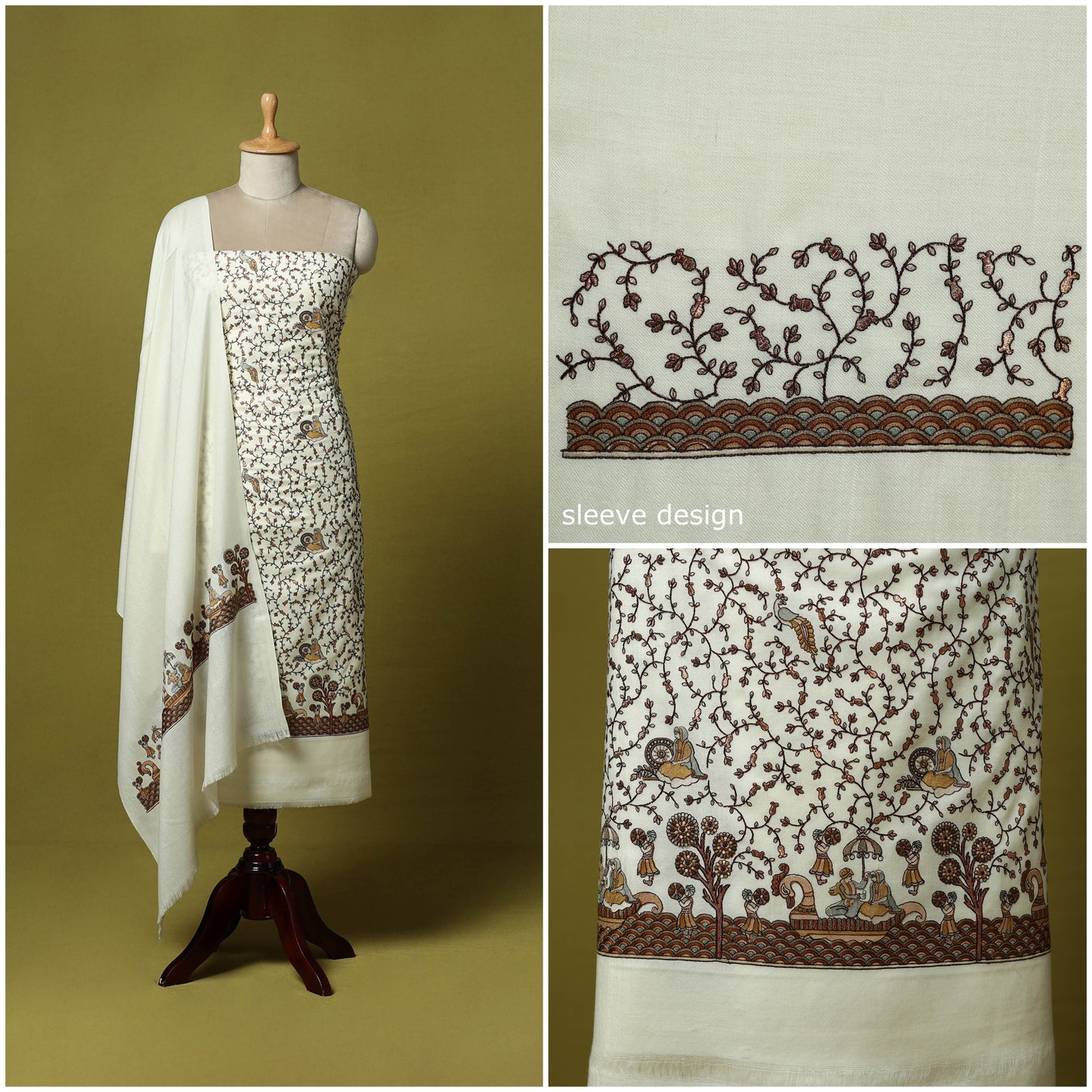 White - 3pc Embroidered Merino Wool Unstitched Dress Material 16