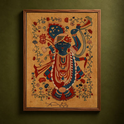 Srikalahasti Kalamkari Art Wall Hanging with Lord Krishna Motif by Ghanshyam Sarode (52 x 38 in) 06