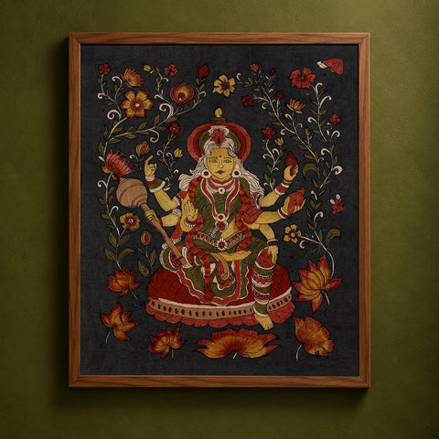 Srikalahasti Kalamkari Art Wall Hanging with Goddess Mata Motif by Ghanshyam Sarode (32 x 26 in) 07