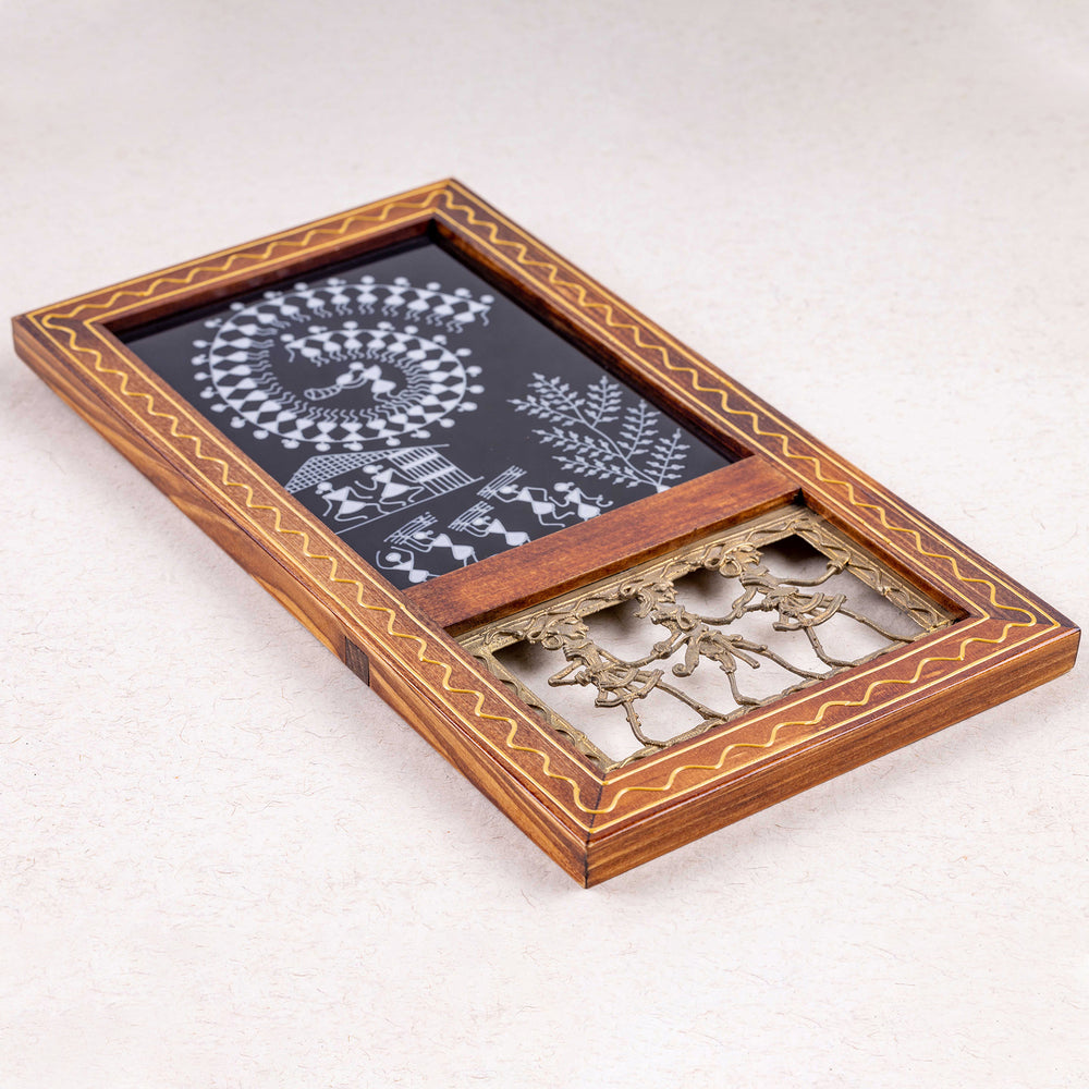 Anandi - Hand-Painted Glass Fusion Warli Celebration Wall Art Frame