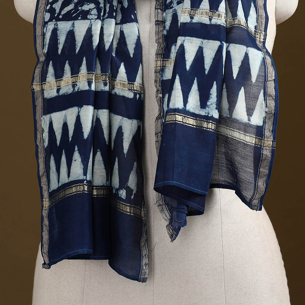 Blue - Pipad Hand Block Print Natural Dyed Chanderi Silk Handloom Stole 22