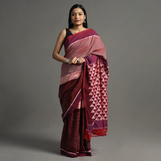 Maroon - Pochampally Ikat Weave Handloom Cotton Saree