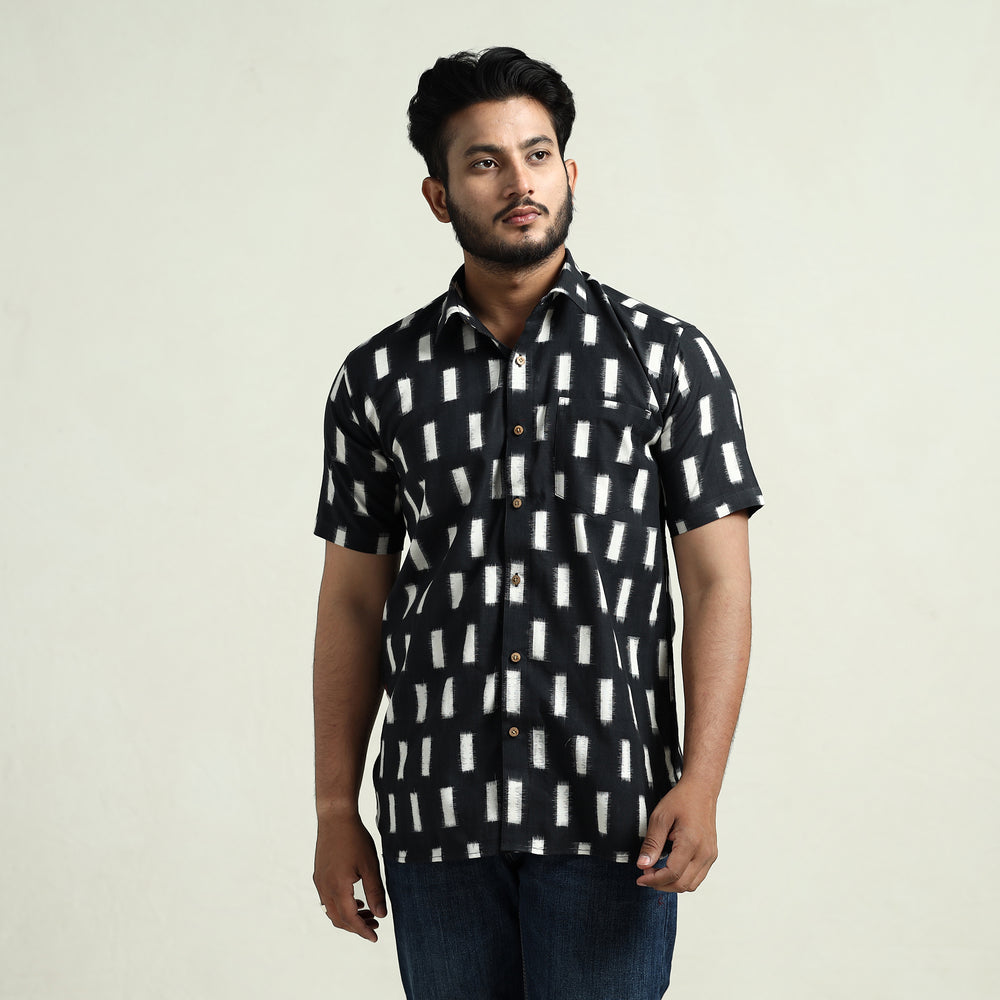 Black - Pochampally Double Ikat Handloom Cotton Men Half Sleeve Shirt 46