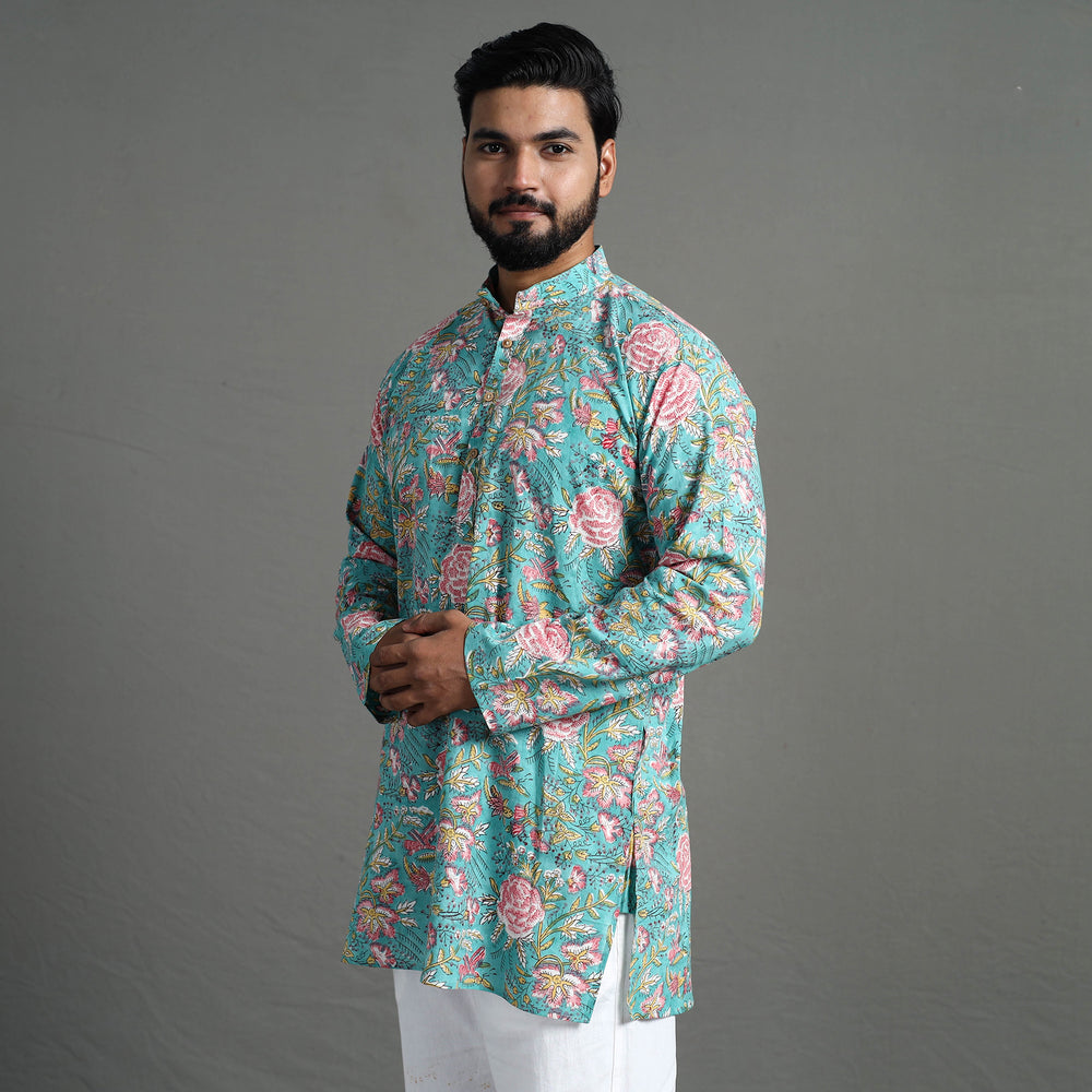 Sanganeri Block Printed Cotton Men Short Kurta 01