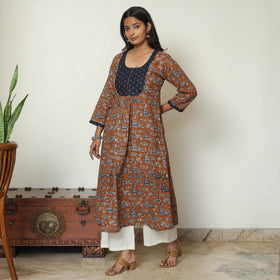 Brown - Kalamkari Printed Cotton A-Line Long Kurta with Patchwork 67