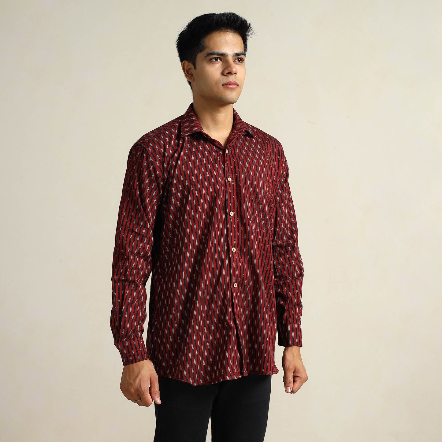 Buy Maroon Pochampally Ikat Weave Cotton Men Full Sleeve Shirt 24 Online at iTokri.com