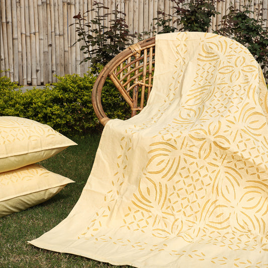 Yellow - Barmer Applique Cut Work Cotton Double Bed Cover with Pillow Covers (108 x 90 in)