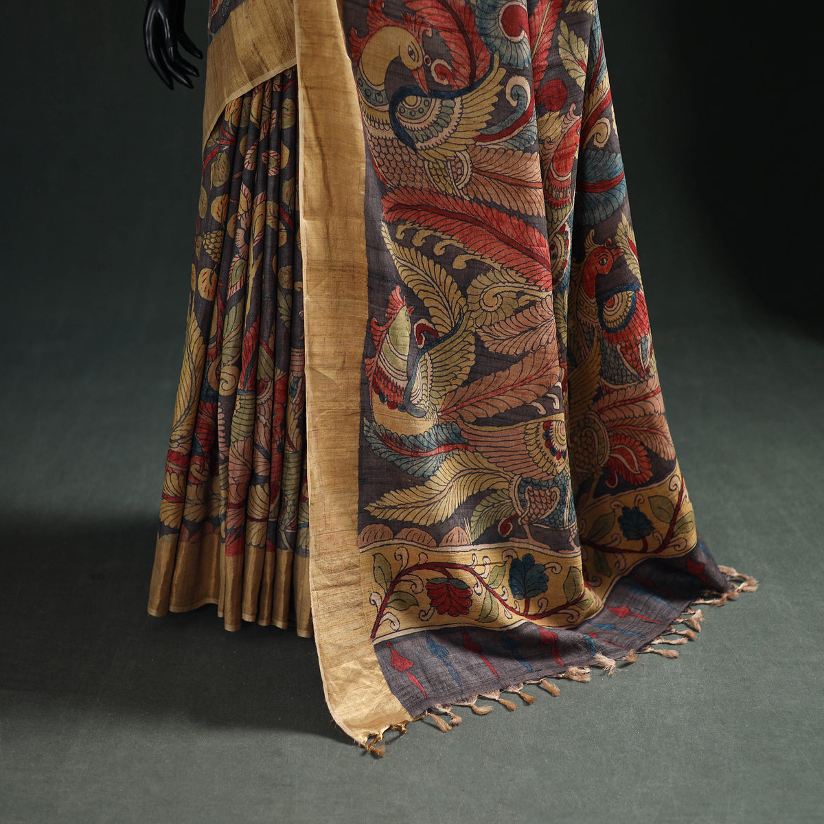 Pure Handloom Desi Tussar Silk Handpainted Srikalahasti Pen Kalamkari Saree with Zari Border 07