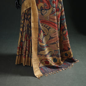 Pure Handloom Desi Tussar Silk Handpainted Srikalahasti Pen Kalamkari Saree with Zari Border 07