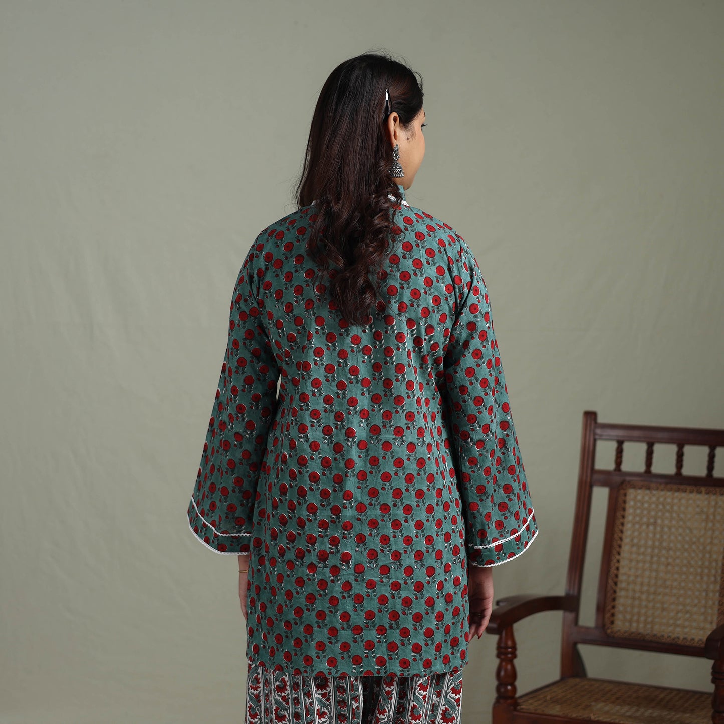 Sanganeri Hand Block Print Cotton Lace Work Short Kurta with Farshi Salwar Set for women 02