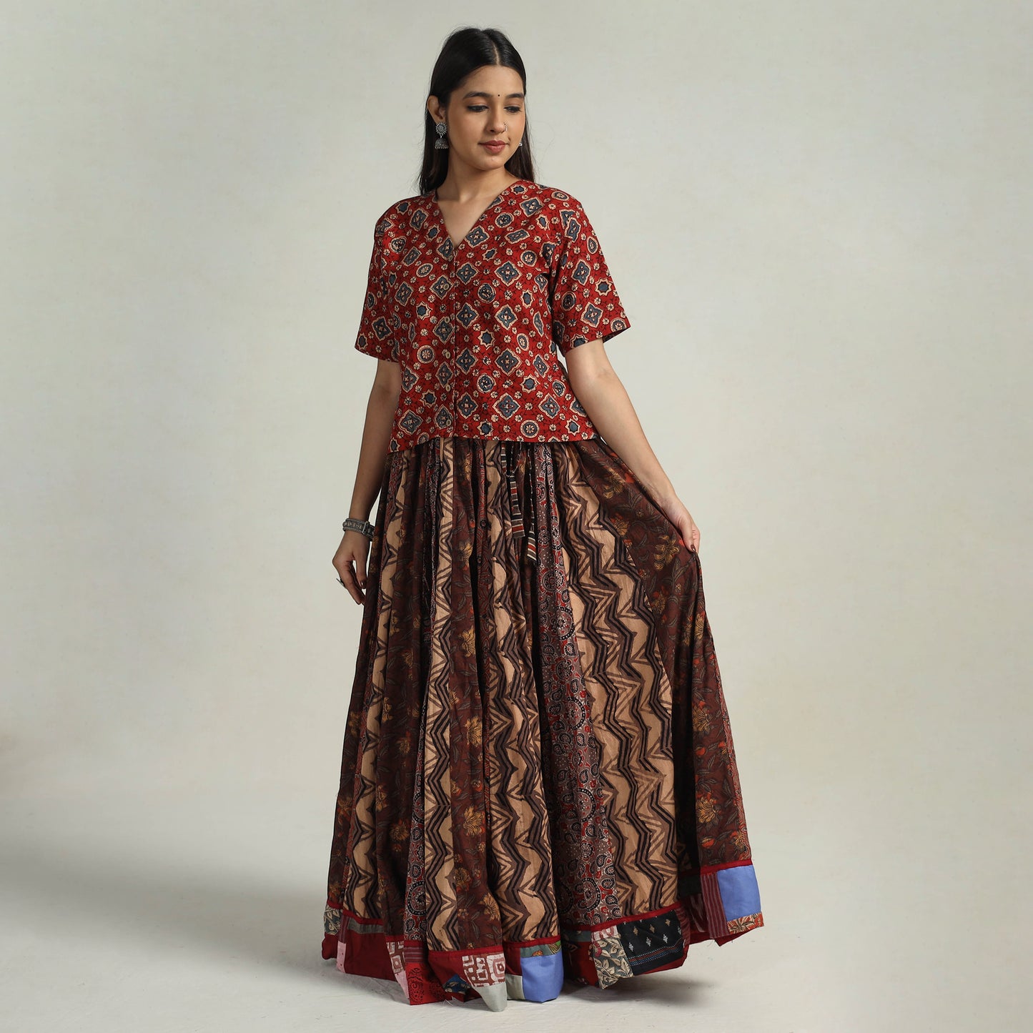 Brown - Kutch Block Printed 24 Kali Cotton Long Skirt 08