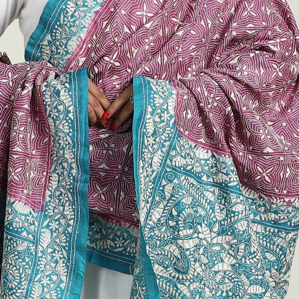 Purple - Handloom Tussar Silk Bengal Kantha Embroidery Dupatta 11