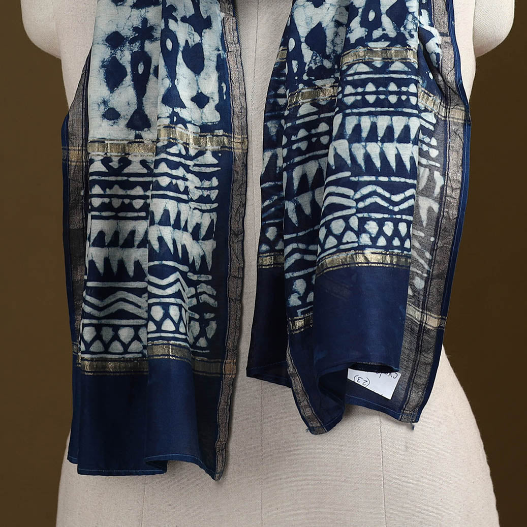 Blue - Pipad Hand Block Print Natural Dyed Chanderi Silk Handloom Stole 23
