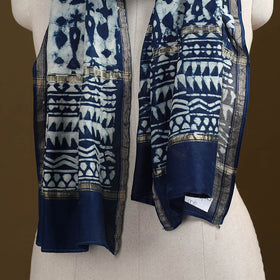Blue - Pipad Hand Block Print Natural Dyed Chanderi Silk Handloom Stole 23