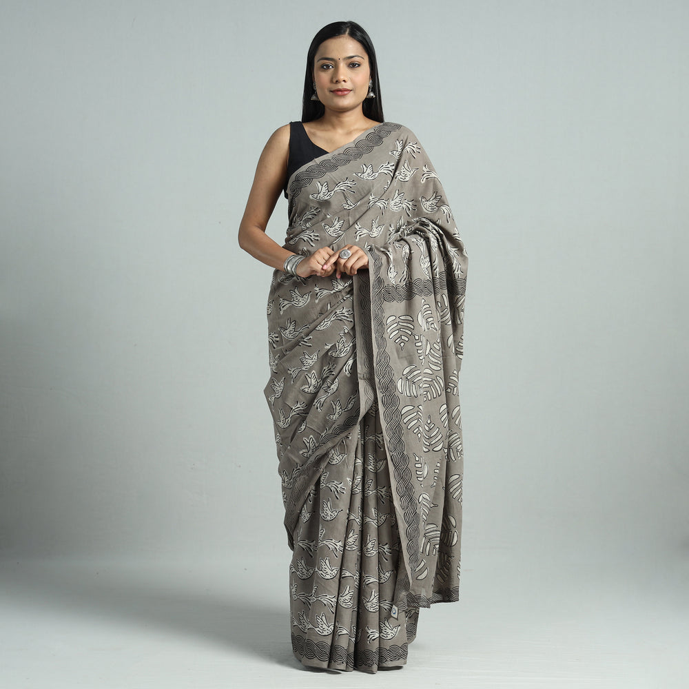 Brown - Bindaas Art Block Printed Natural Dyed Cotton Saree 28