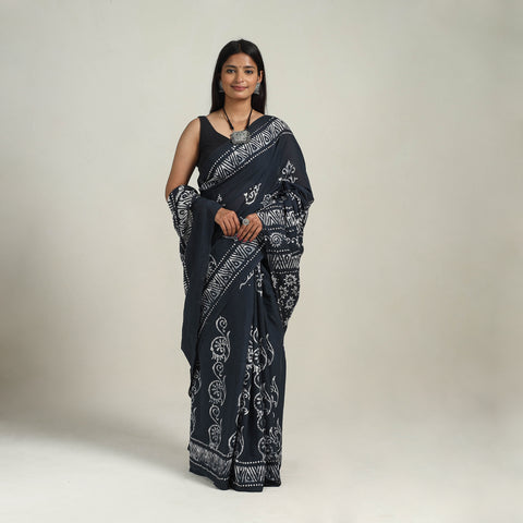 Black - Cotton Hand Batik Print Saree 10