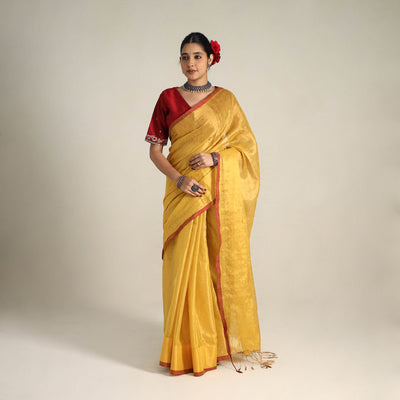 Yellow - Fine Tissue Zari Bengal Saree with Embroidered Blouse 05