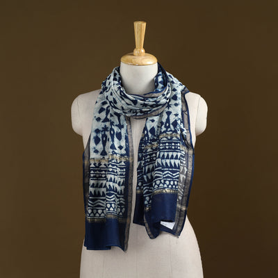 Blue - Pipad Hand Block Print Natural Dyed Chanderi Silk Handloom Stole 23