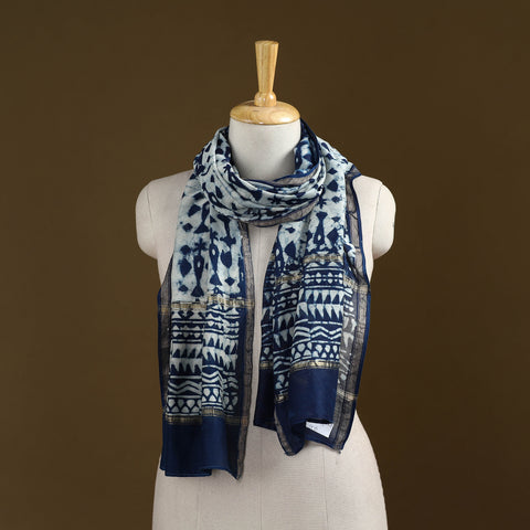 Blue - Pipad Hand Block Print Natural Dyed Chanderi Silk Handloom Stole 23