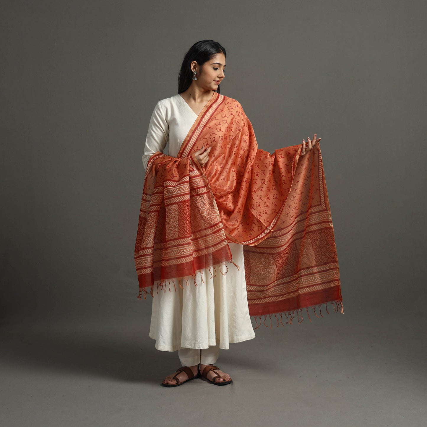 Orange - Block Printed Chanderi Silk Bagru Dupatta 68