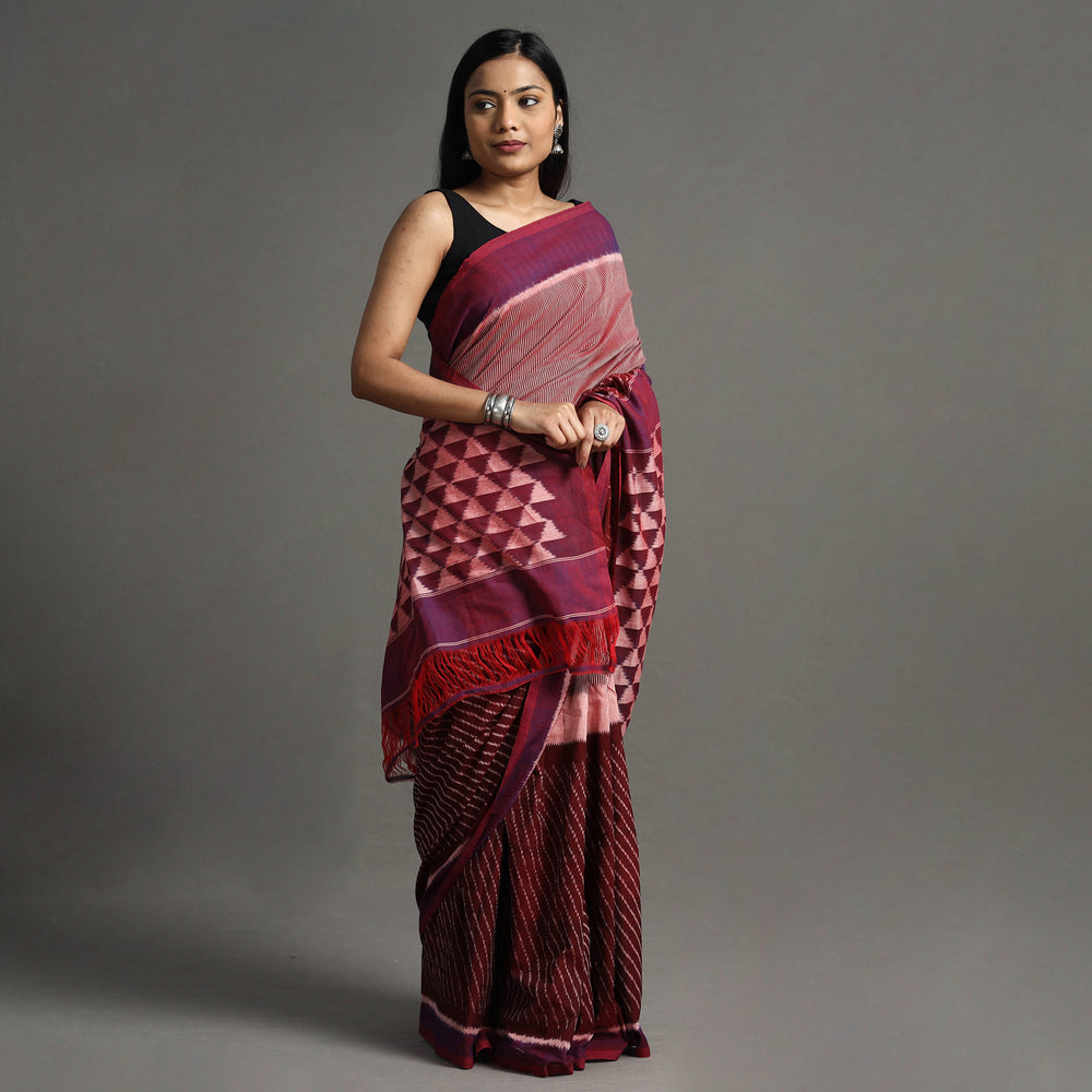 Maroon - Pochampally Ikat Weave Handloom Cotton Saree