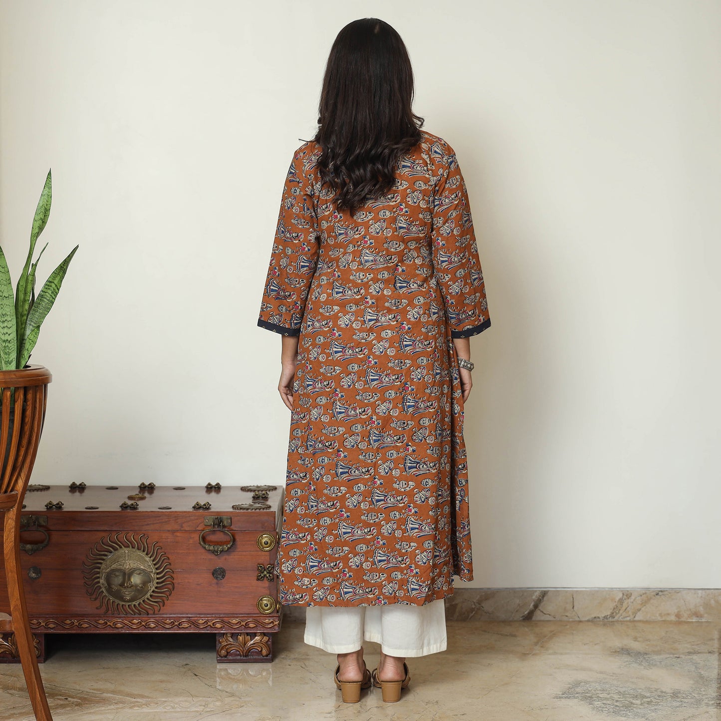 Brown - Kalamkari Printed Cotton A-Line Long Kurta with Patchwork 67